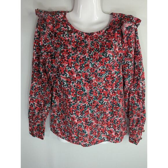 J.‎ Crew Cotton-Blend Poplin Ruffle Top Red Ditsy Floral Bohemian Womens XS - Picture 3 of 12